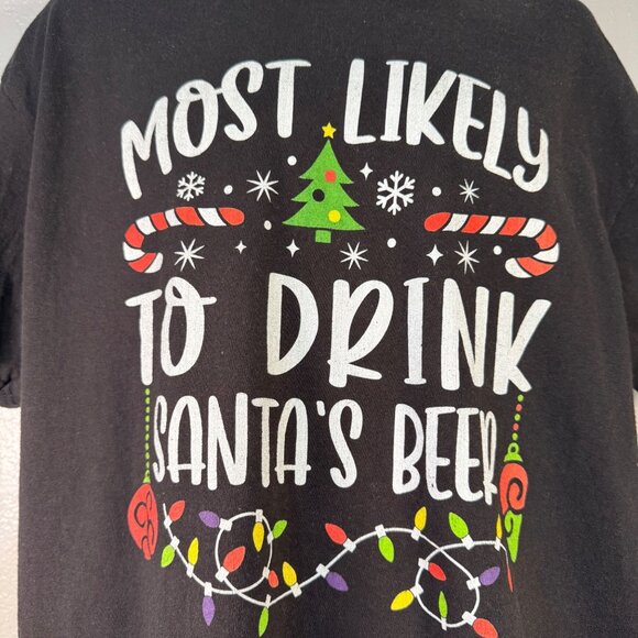 Funny Christmas Graphic Tee Most Likely To Drink Santas Beer Black Shirt Size XL - Picture 2 of 3